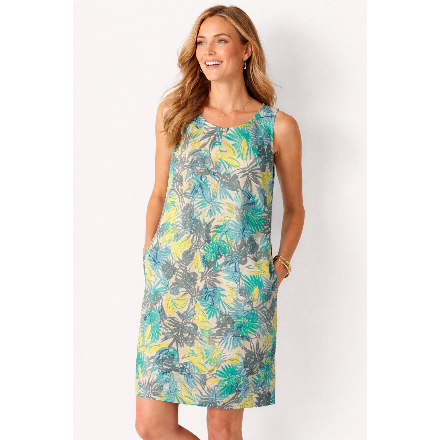 Lands End Shift Dress Women XL Blue Green Floral Tropical Linen Lagenlook Boho