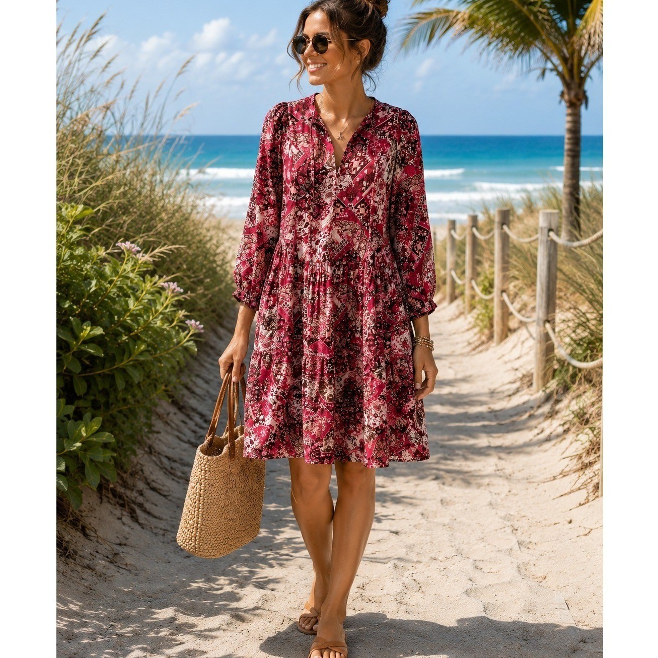Calvin Klein Women’s Size 4 Boho Midi Dress 3/4 Sleeve Paisley Print Burgundy
