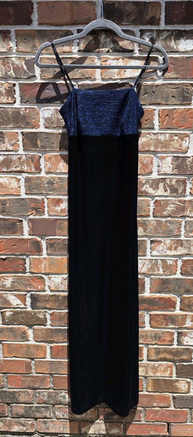 Vintage Y2K Maxi Dress Blue Metallic Black Velvet Formal Prom Evening Gown Sz M