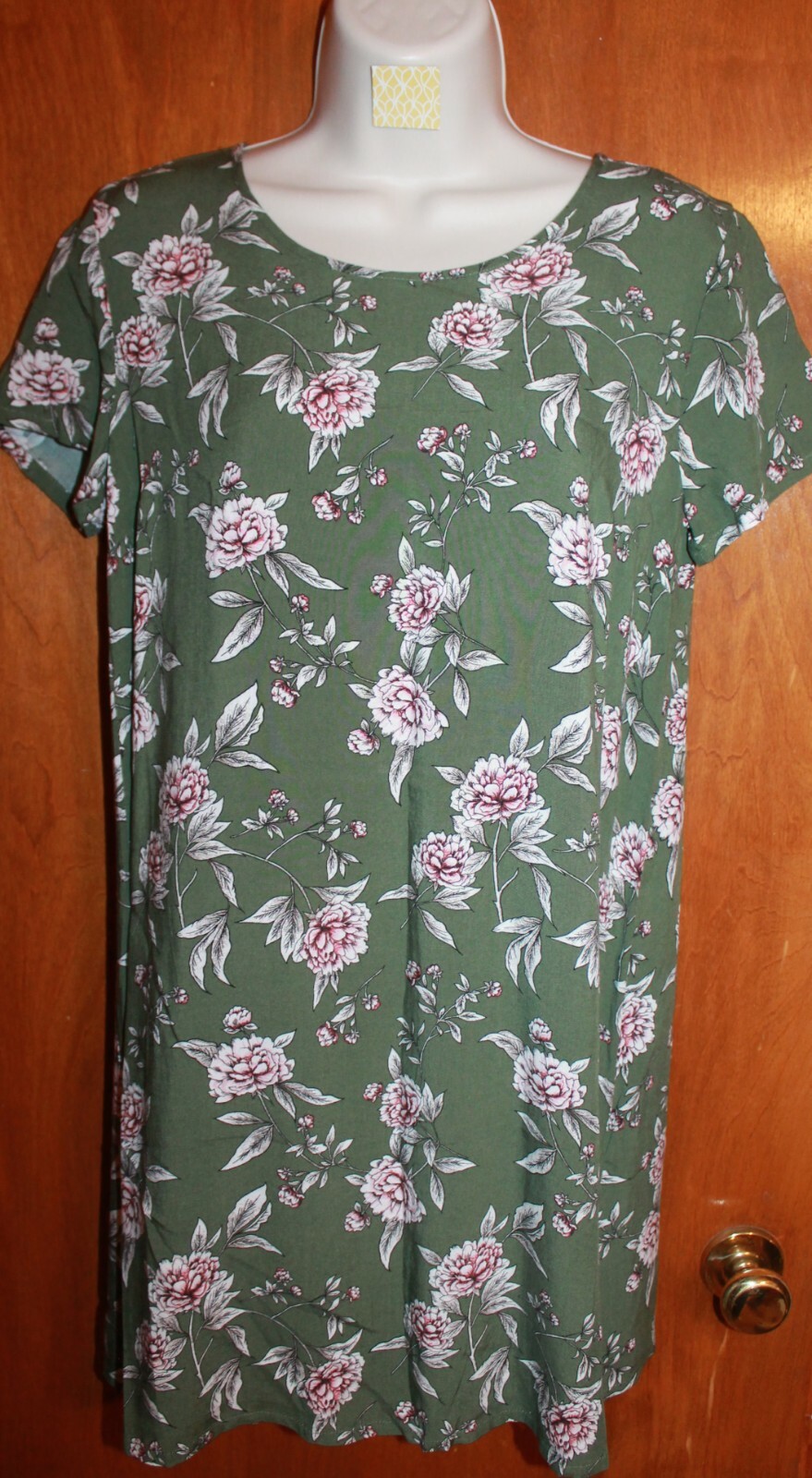 FOREVER 21 Small MINI SHIRT DRESS (green floral w/ short sleeves; 33″ long) EUC