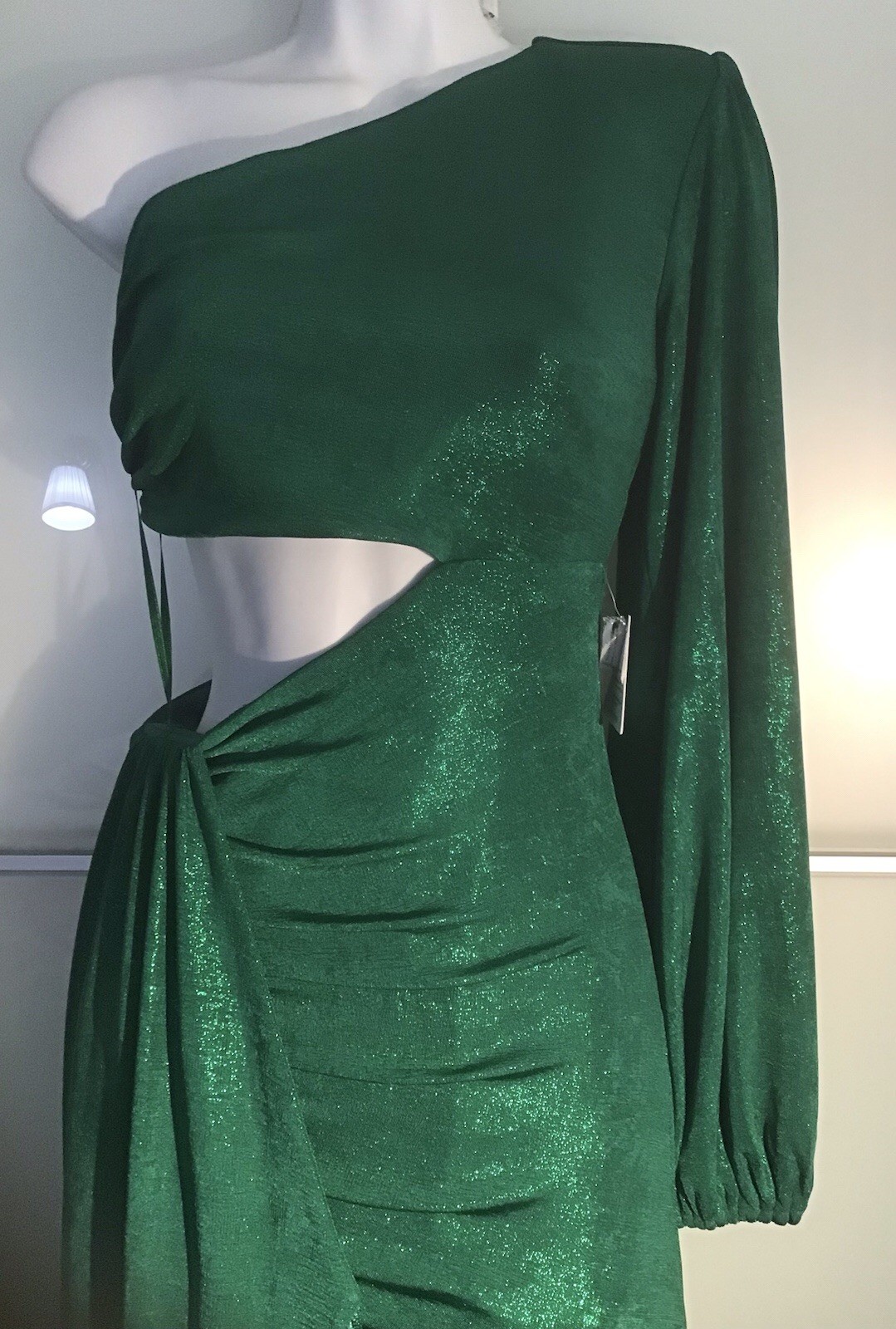 NADINE MERABI ONE SHOULDER MINI DRESS WITH FRINGE DITAIL NIKKI GREEN DRESS S/M