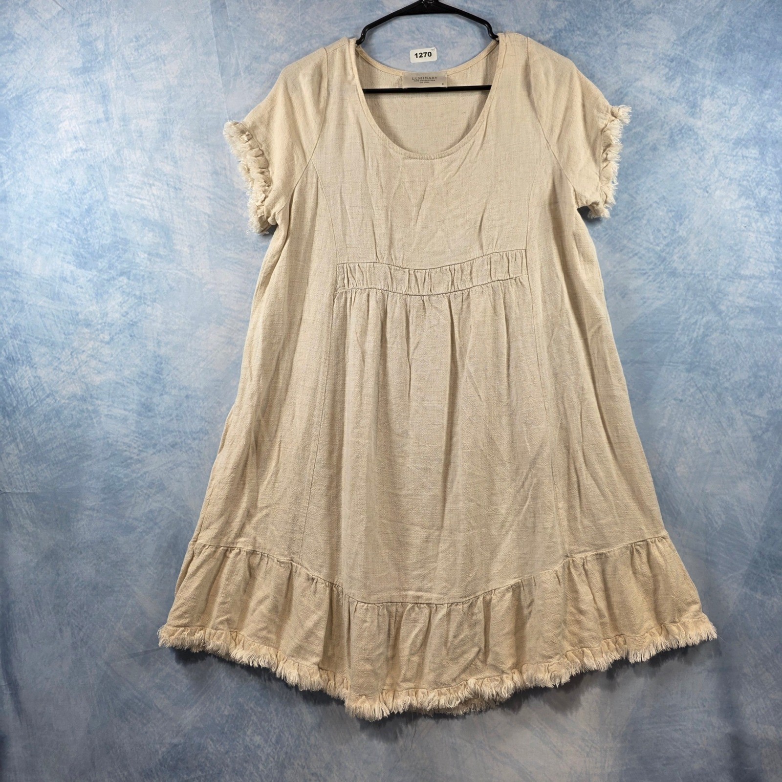 Luminary Fine Collection Womens Linen Blend Fringe Babydoll Dress Beige Small