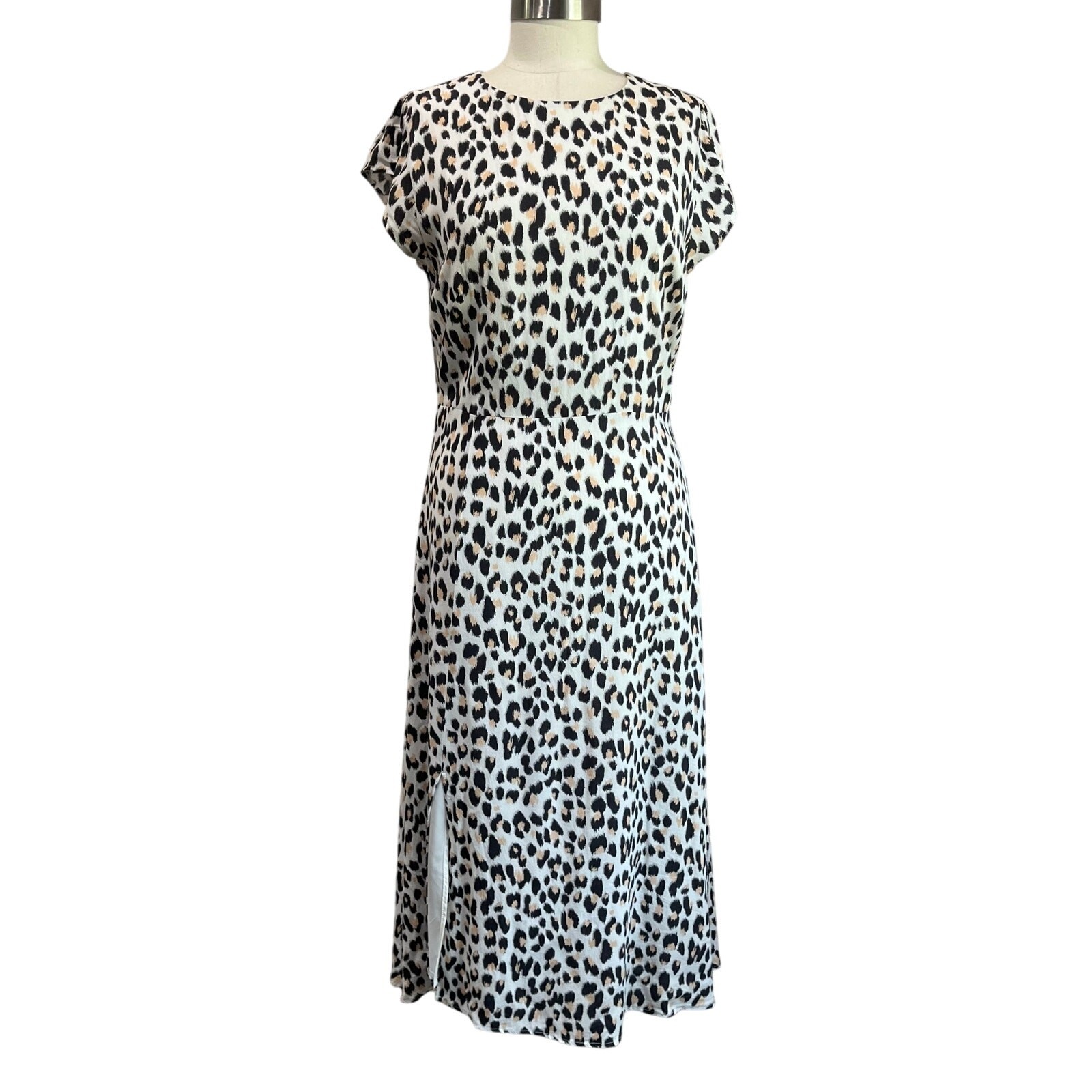 Loft White Leopard Print Short Sleeve Midi Dress Career Casual Party Sz 10