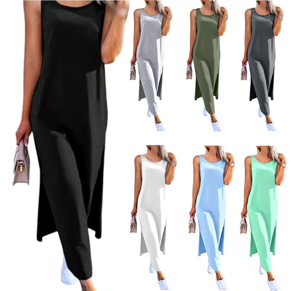 Women’s Openwork Sleeveless Slit Vest Dress Over The Knee