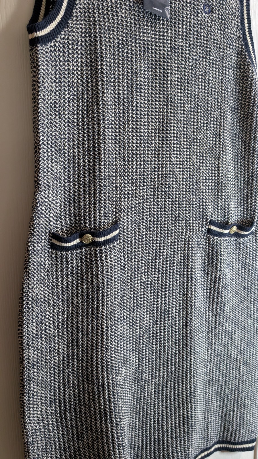 Lands’ End Woven Sweater Dress Medium Navy/White Sleeveless Midi Knit