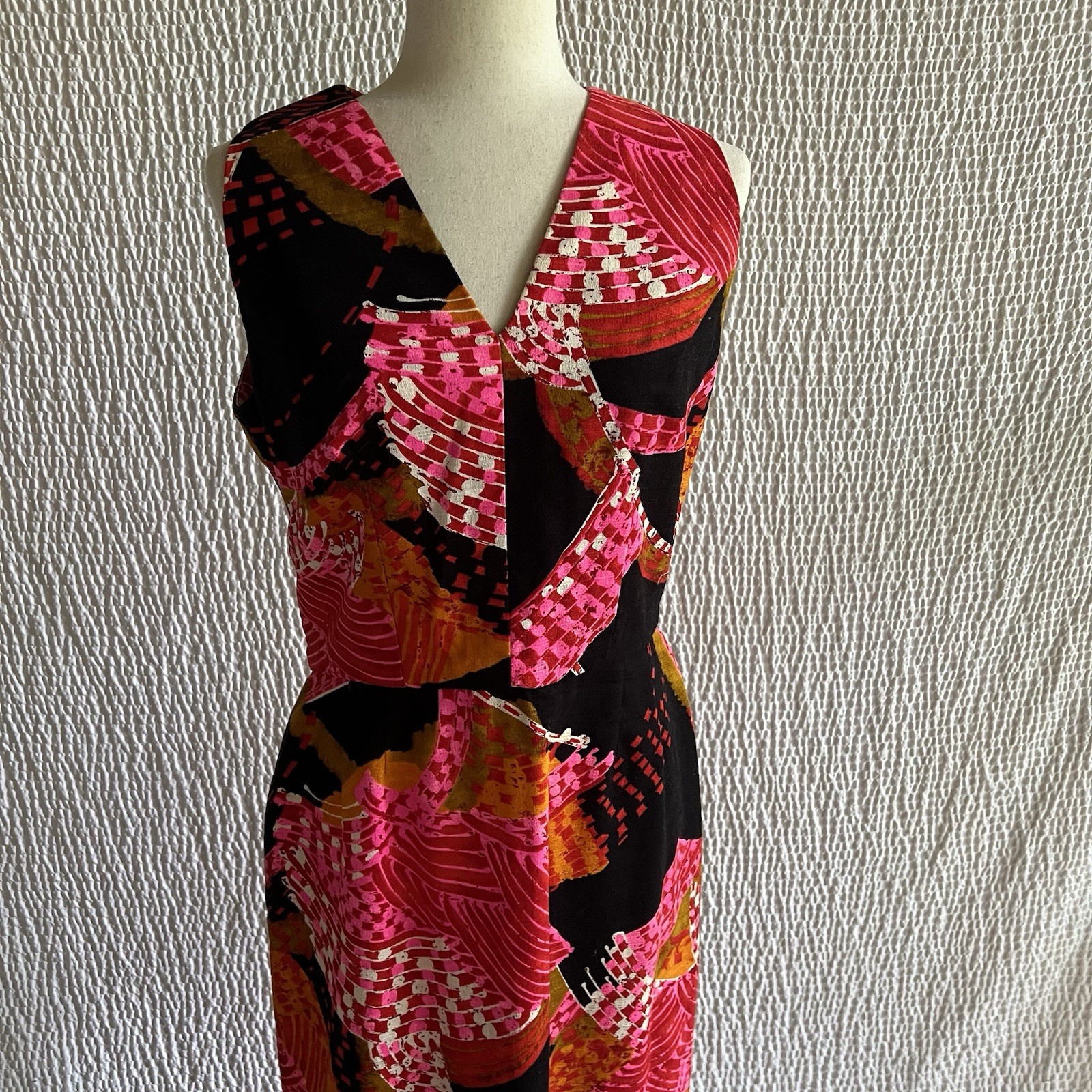 Vintage 70s Barkcloth Tiki Aloha Maxi Dress Empire Open Back Darts M Colorful
