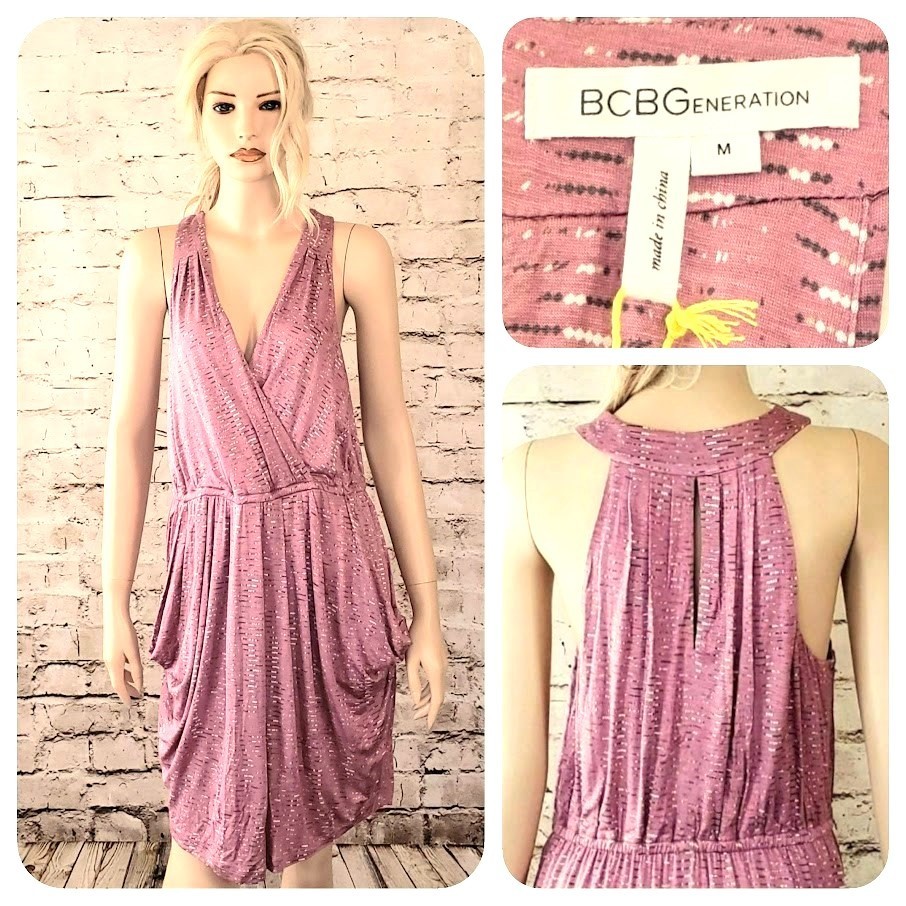 BCBGeneration Draped Pockets Sun Dress Pink Grey Dot Dash Stretch Keyhole Back M