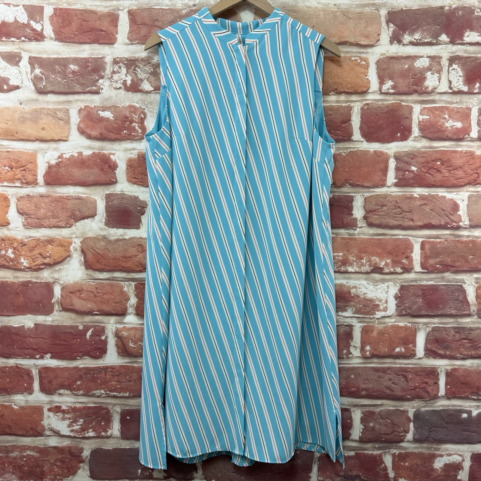 Anne Klein Dress Womens L Blue Multicolor Striped Casual Career Hidden Button Up
