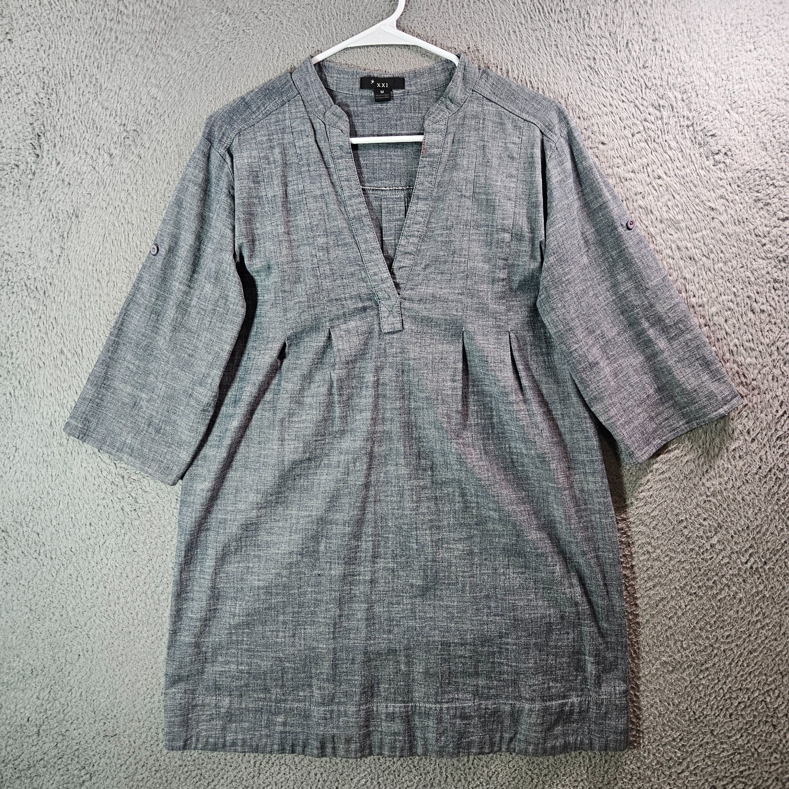 XXI Mini Dress Tunic Top Women Medium Split Neck Stretch 3/4 Sleeve Blue