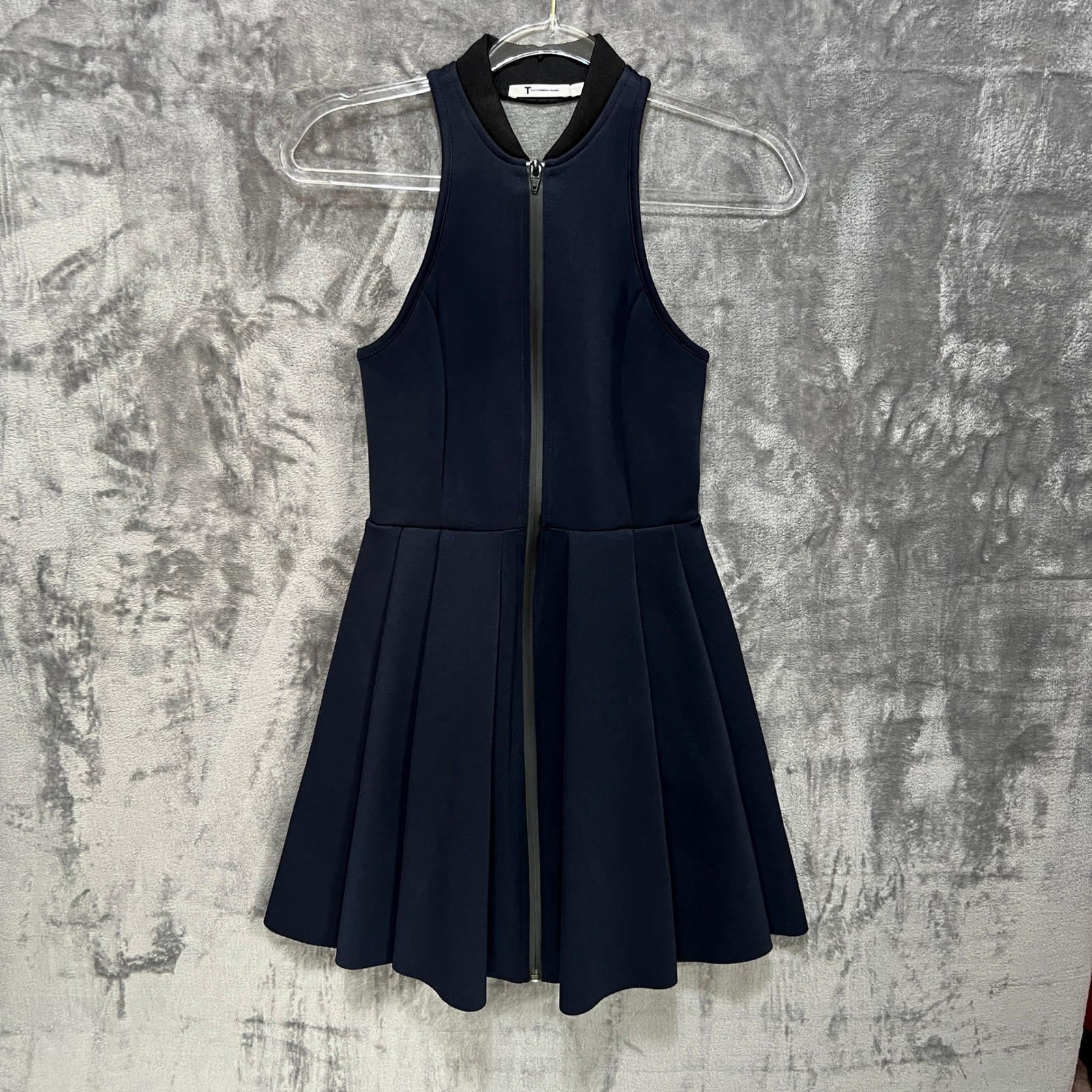 T by Alexander Wang Navy Scuba Front Zip Pleated Mini Dress Pockets sz XS Sporty