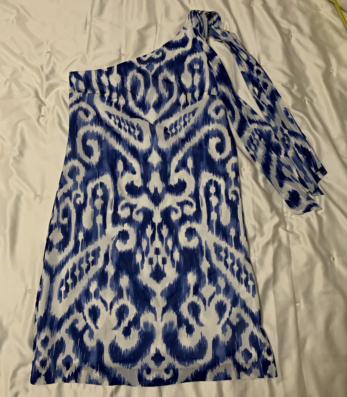 Trina Turk Sz 2 Silk Spandex Dress One Shoulder Ikat Tie Blue Shoulder Scarf