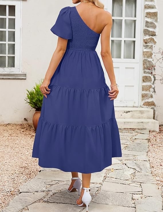 ZESICA Dress Size {Med} Boho/ One Shoulder/ Short Sleeve/ Side Split/ Ruffle