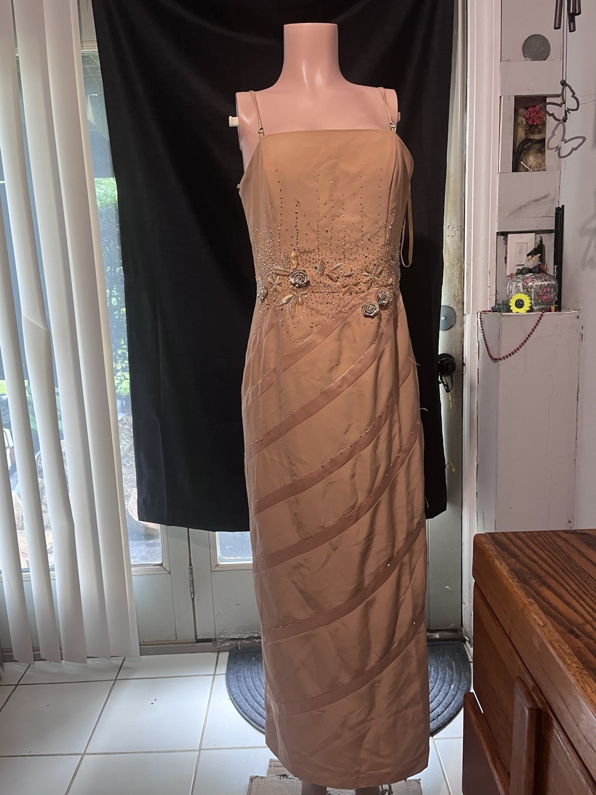 ASPEED Beige Satin Beaded Formal Maxi Dress Sleeveless Strappy Straight Neck L