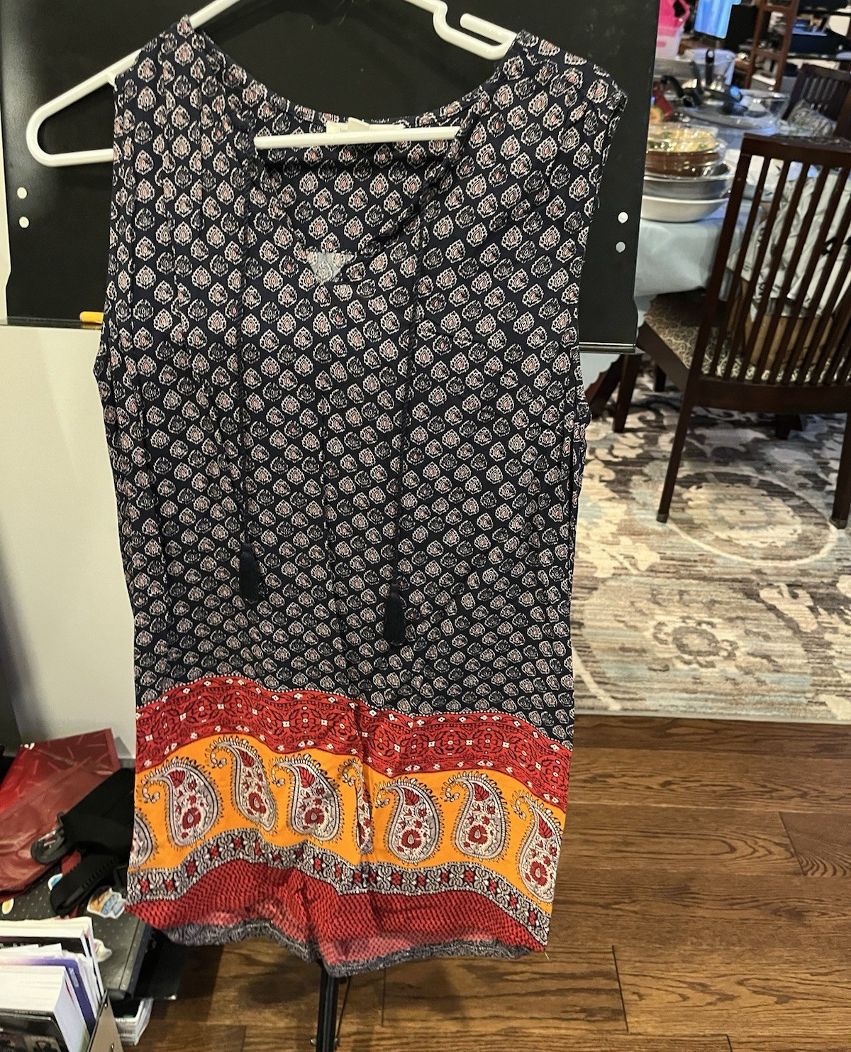 Women’s L Paisley V-Neck Sleeveless Pullover Shift Knee Dress Tassel Accent