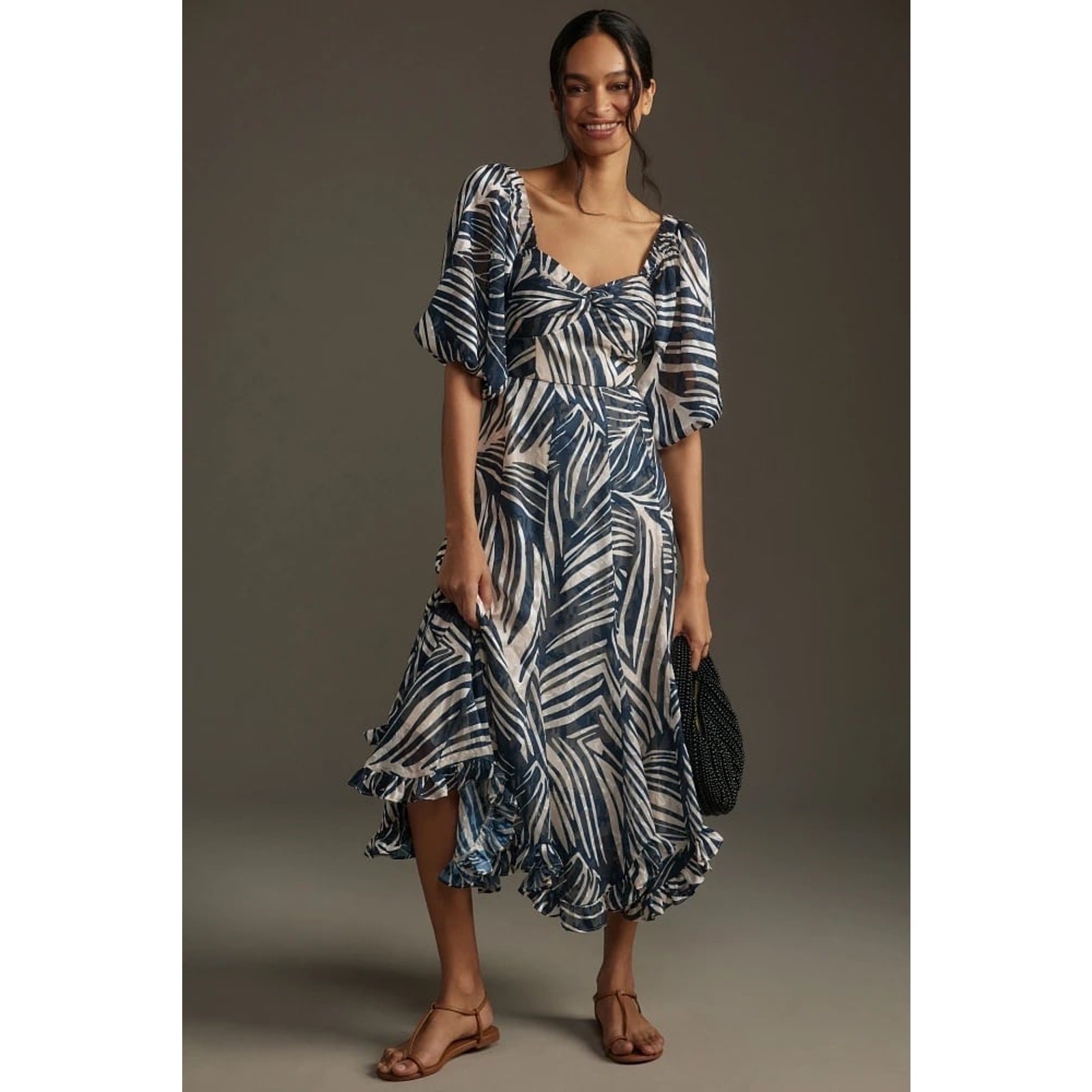 NWT❤️Anthro Hutch Printed Twist-Front Puff-Sleeve Ruffle-Hem Dress szMP