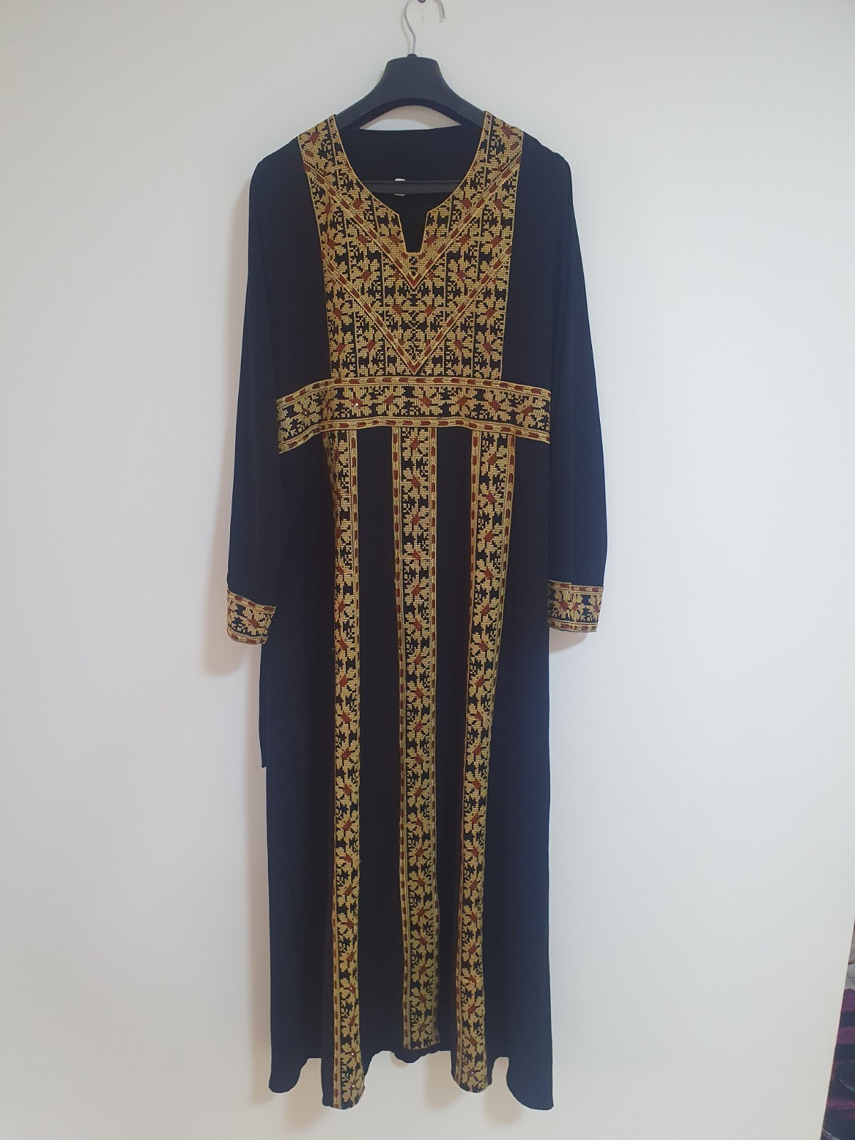 Traditional Palestinian Jordanian Thobe Embroidered Black Maxi Folk Dress Gold