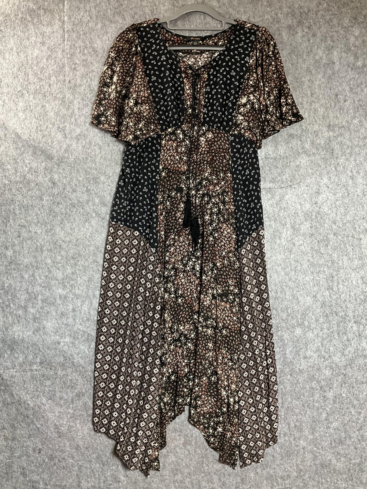 Ella Moss Dress Womens Small Black Floral Maxi Boho Tassel Handkerchief Hem