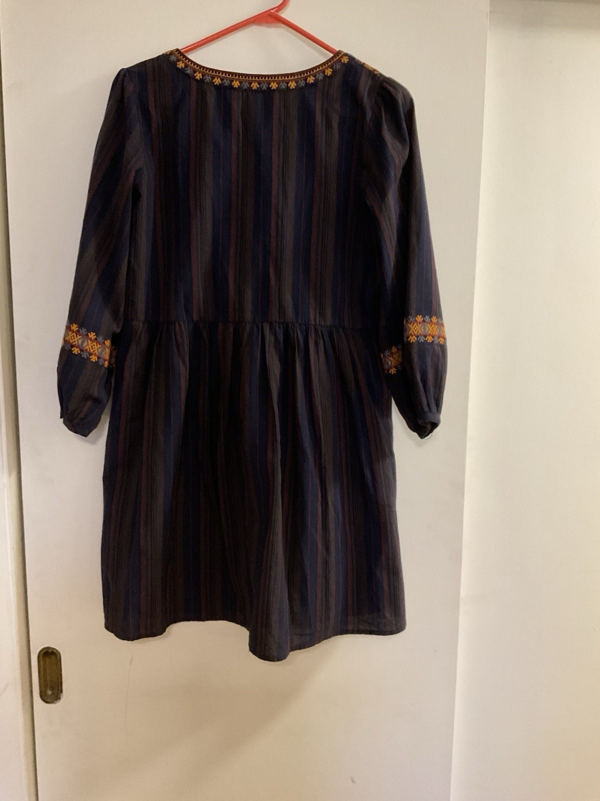 Andrée by Unit Boho S Blue Striped Embroidered V-Neck 3/4 Sleeve
