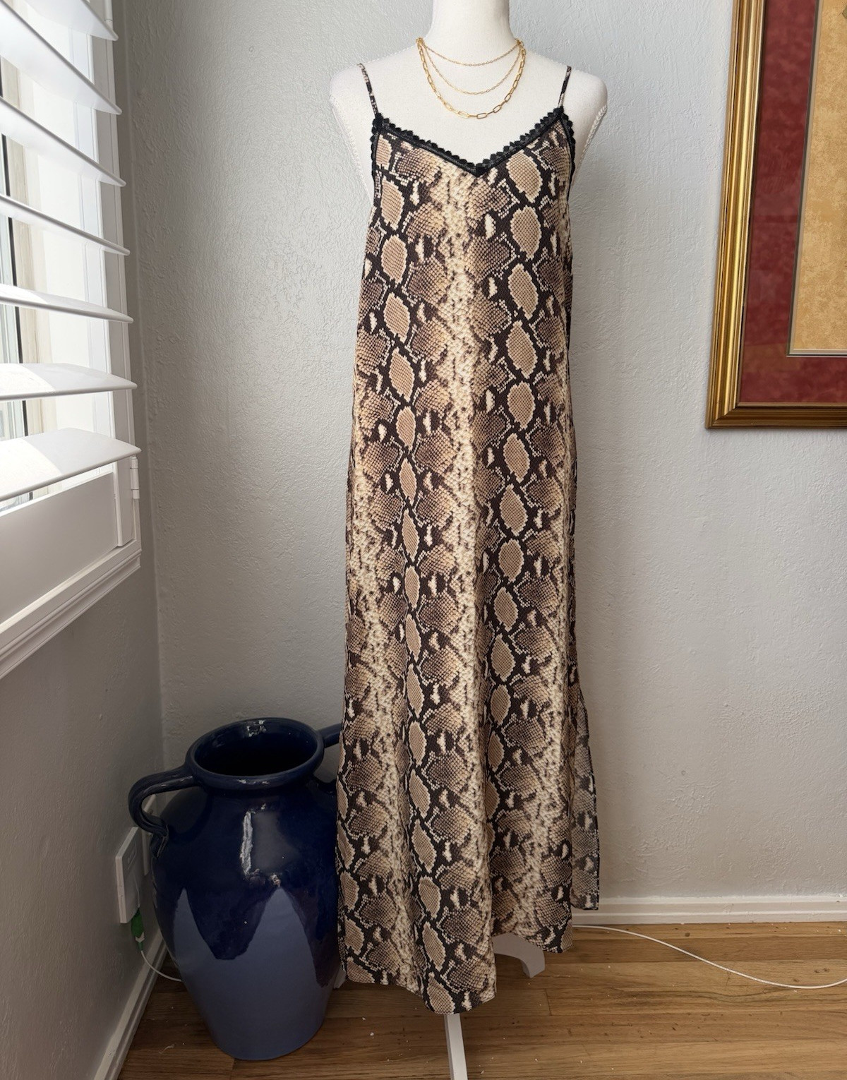 23- The Kooples Snakeskin Print Silk Midi Slip Dress Size 1 (Sm) NWT Lace Trim