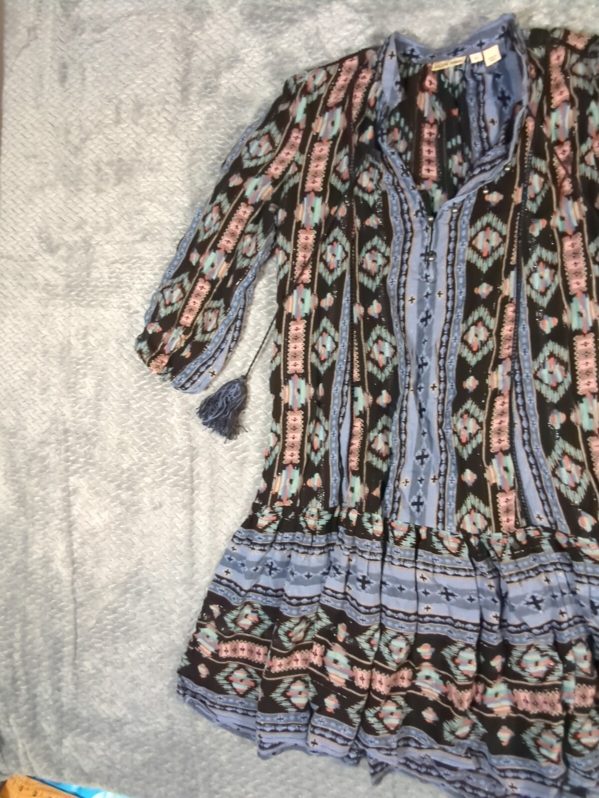 Holding Horses Anthropology Women’s Southwest Print Dress Ruffle Tassles XS Blue