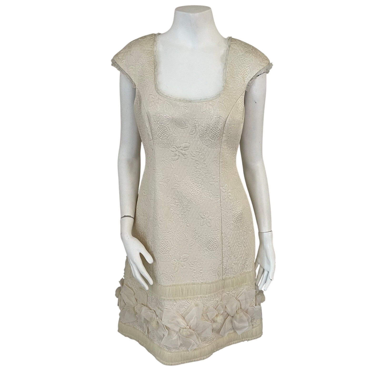 Badgley Mischka Ivory Embroidered Quilted Evening Cocktail Sheath Dress US 6
