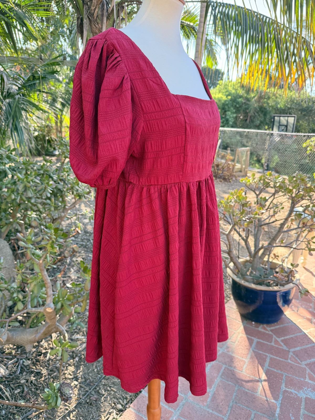 Babydoll Boho Puff Sleeve Smocked Cottagecore Mini Dress Red Size XL Textured