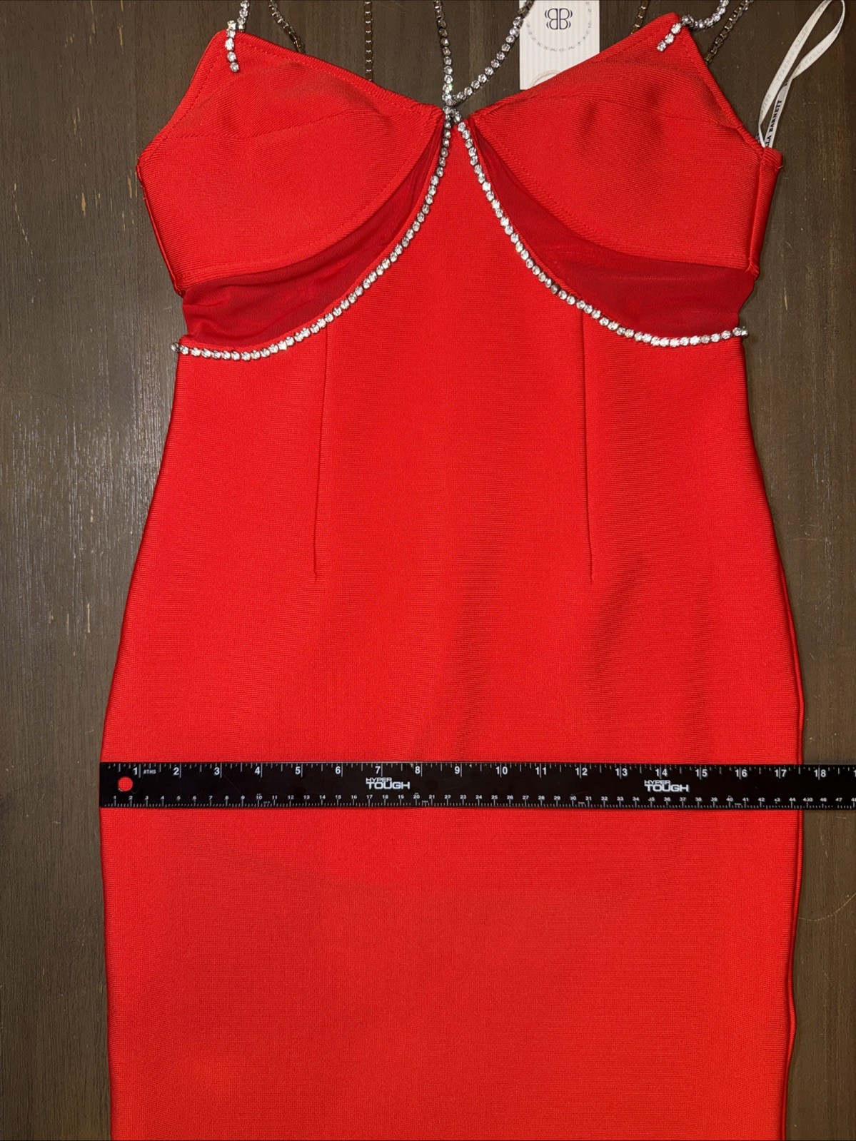 Bella Barnett Red Rhinestone Chain Strap Maxi Dress Sweetheart Neck Polyester L