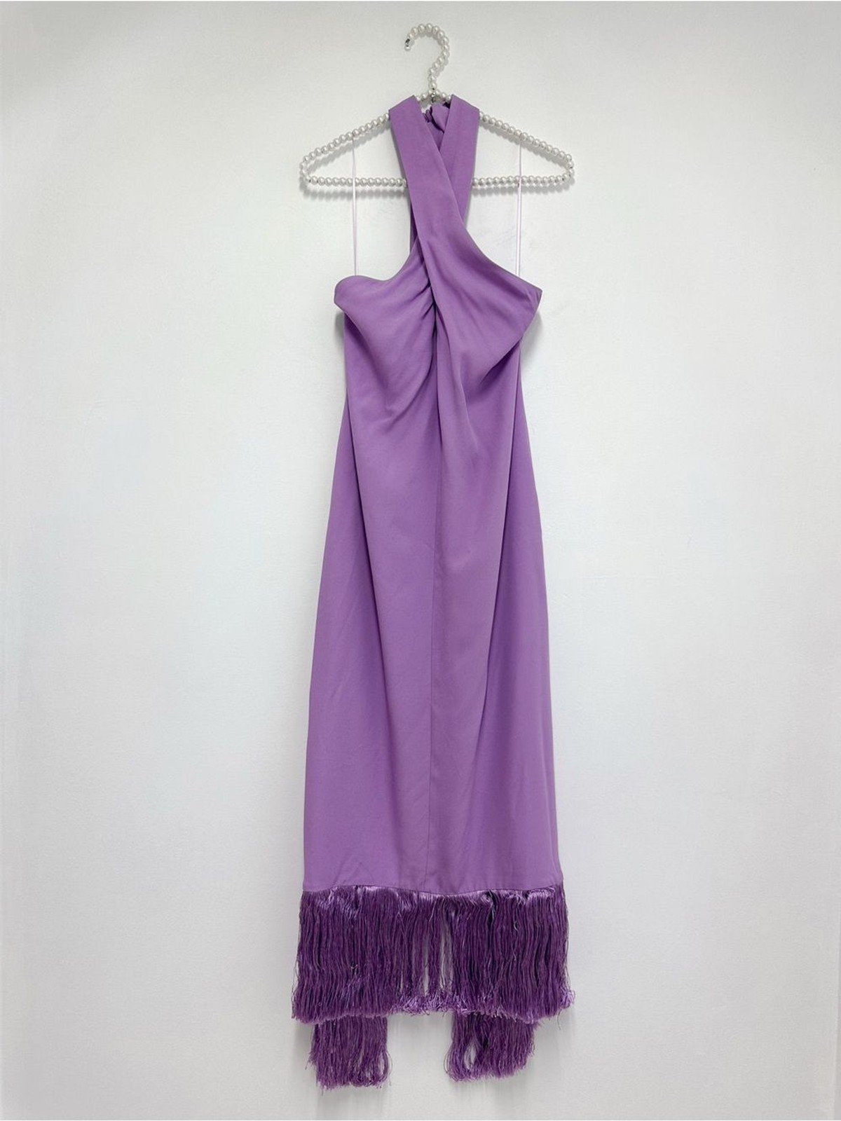 NWT J.Crew Collection Halter Neck Crepe Fringe Hem Purple Midi Dress Womens Sz 6
