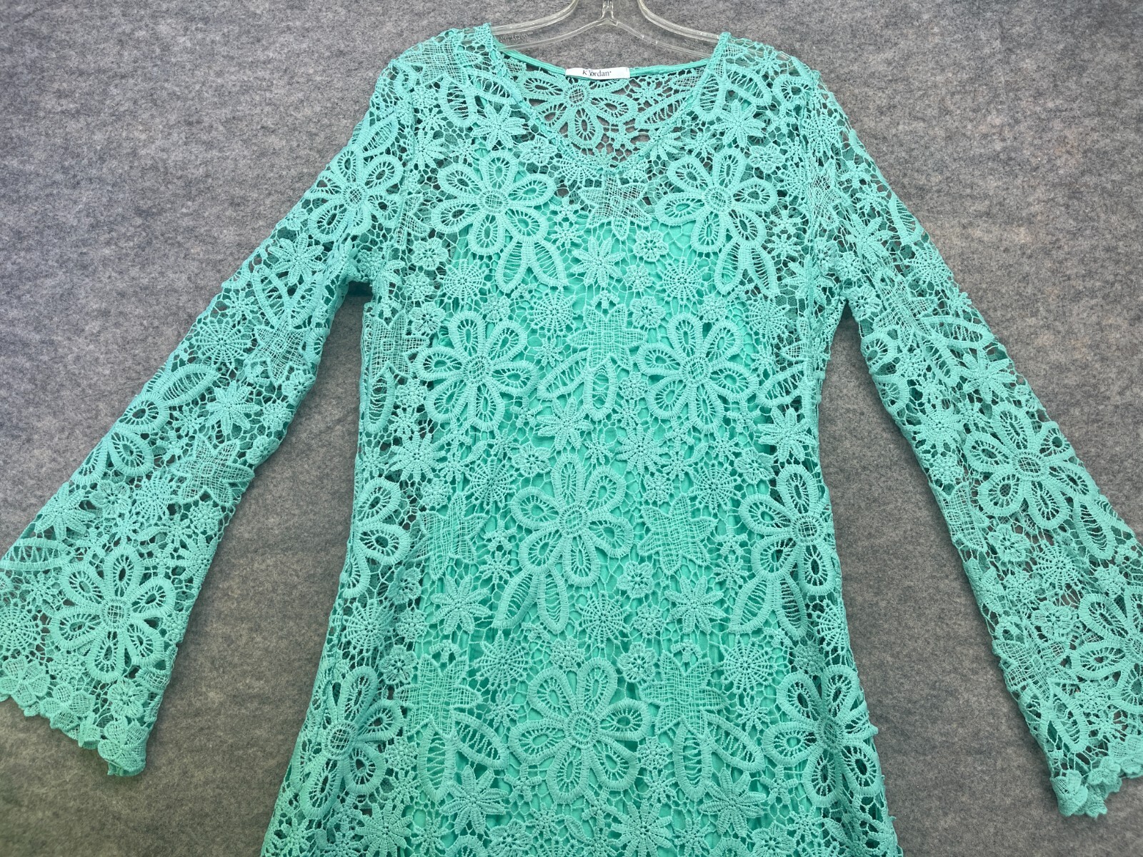 K Jordan Dress Size Large L Turquoise Blue Lace Crochet Layered Knee Length