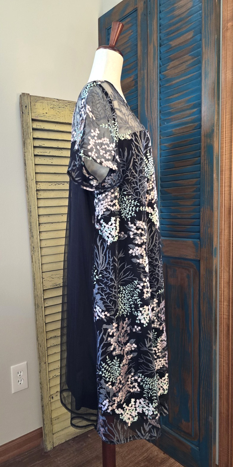 Lane Bryant Floral Embroidered Mesh Shift Dress 18/20 Black Pink Green Cottage