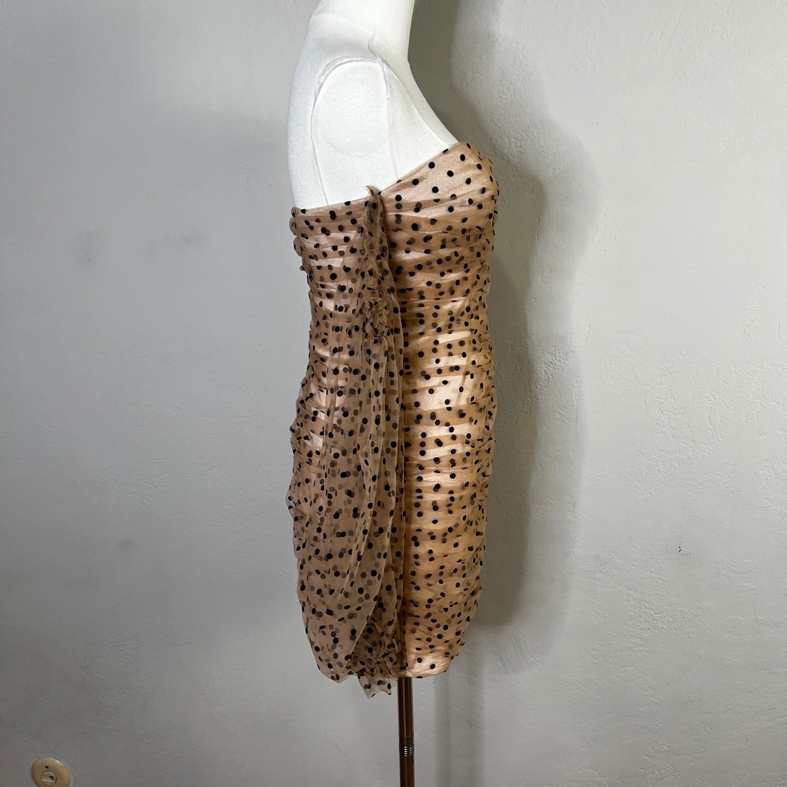 MAJORELLE Secrets Polka Dot Mesh Ruched Off Shoulder Mini Dress Strapless Size S