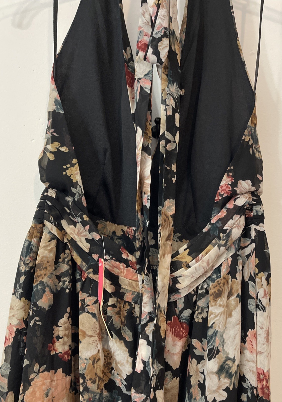 Xtaren Womens Large Black Floral Deep-Vneck Lined Halter Maxi Dress NWT! A2146