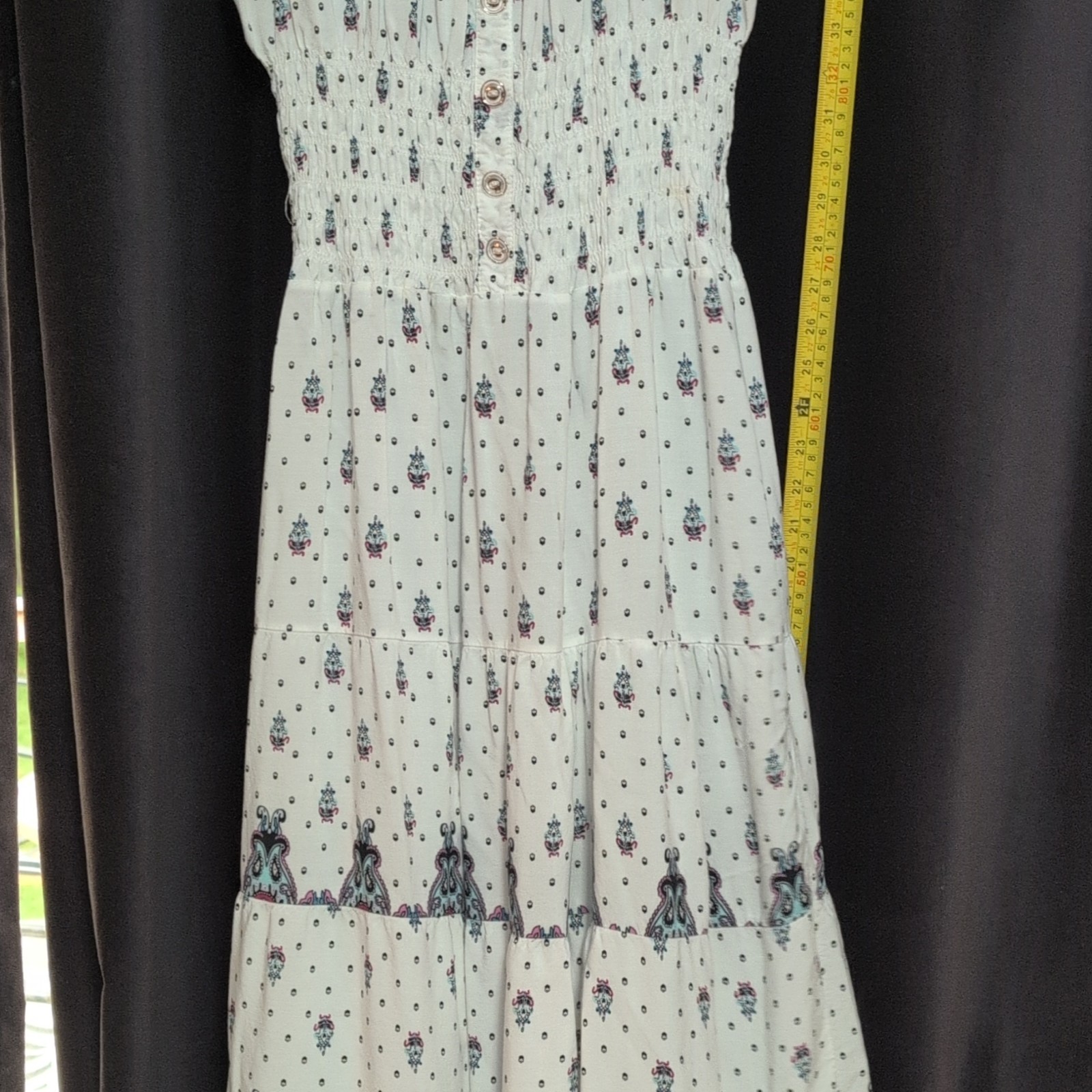 Pink Rose Floral Maxi Dress White/Blue/Pink V-Neck Button Front S Rayon