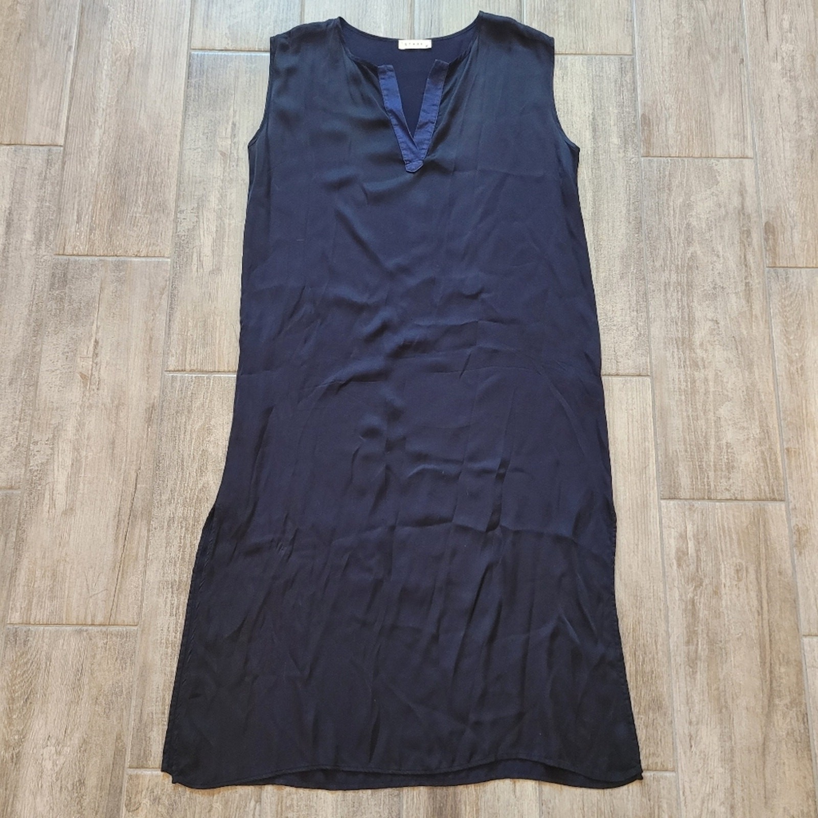 Stark X Dress Size S Sleeveless Split Neck Midi Navy Blue V Neck Slit Contrast
