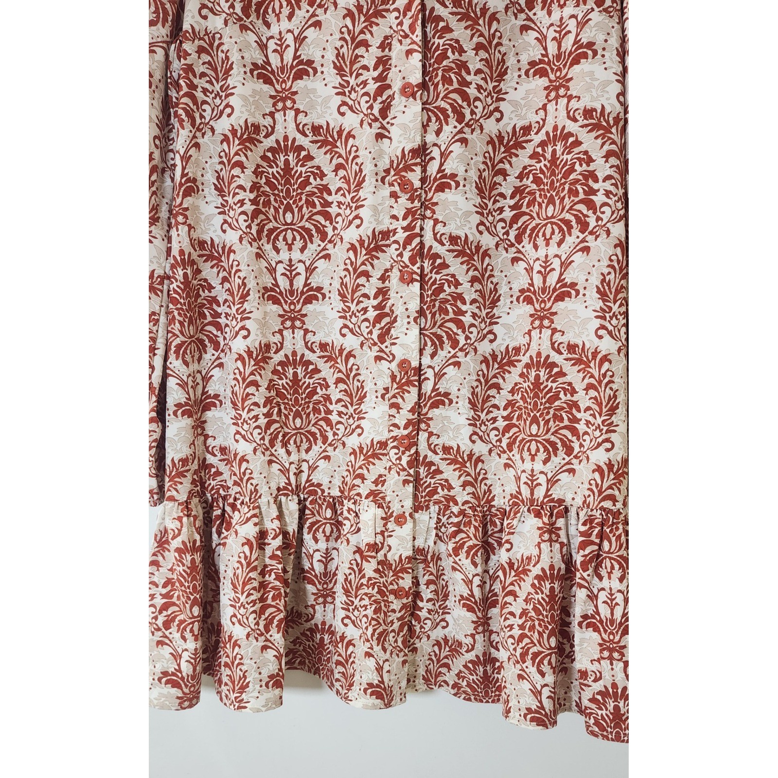 Revolution Damask Print Ruffle Hem Mini Dress Rust Orange Cream Size L