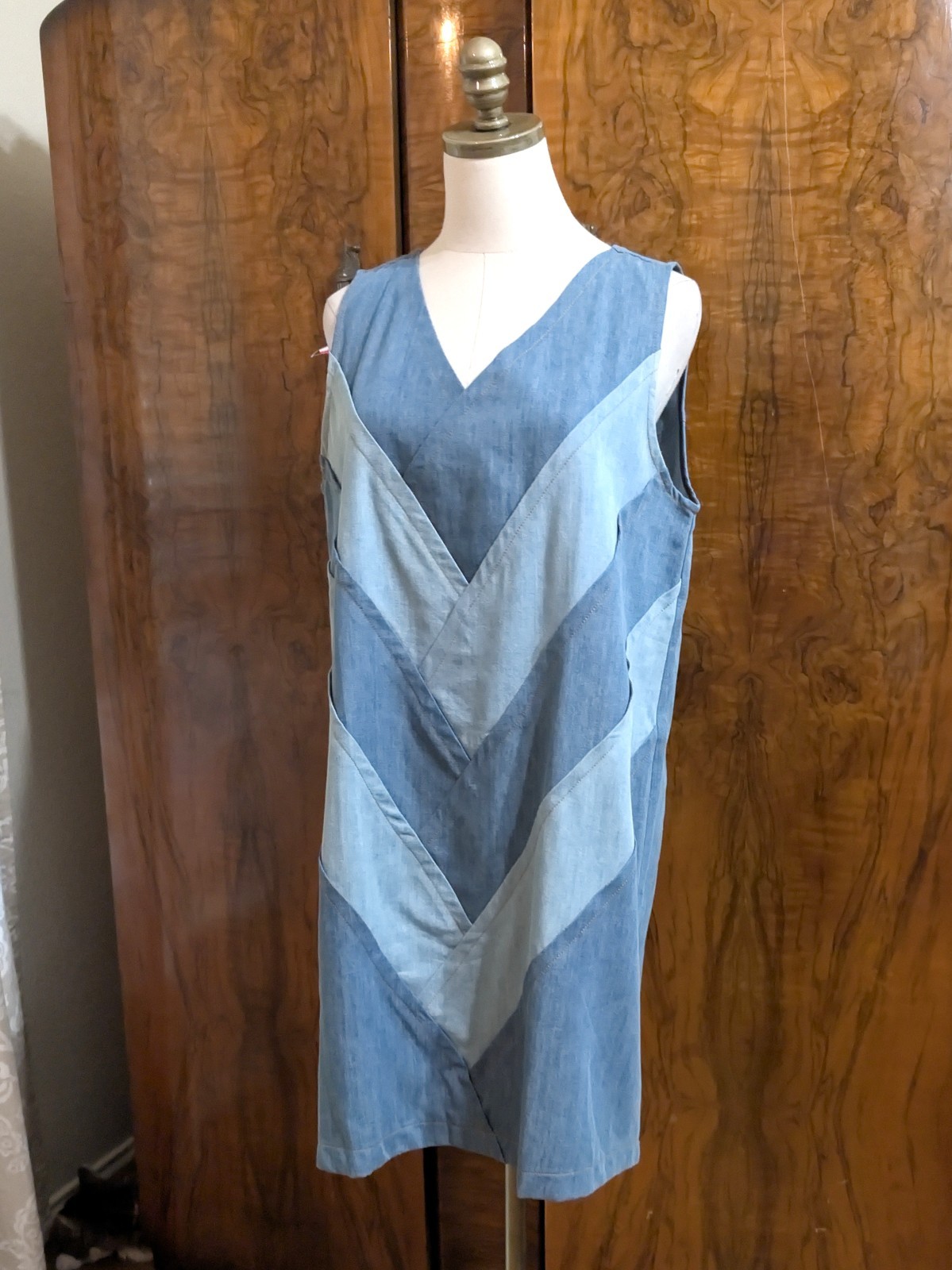 ADORA Chevron Patchwork Denim Dress M Light Wash Blue Shift Boho Hippie
