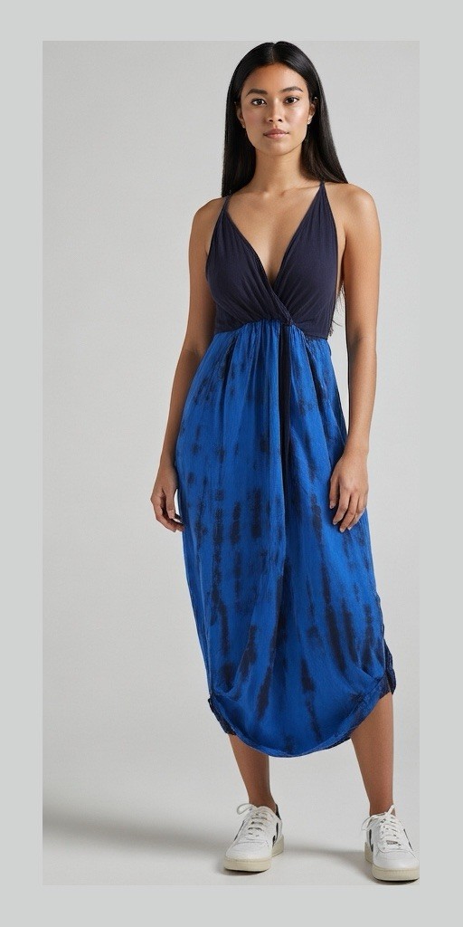 Woman’s Cotton Spandex Blend Long Maxi Dress With blue/black Tie-Dye Long Dress