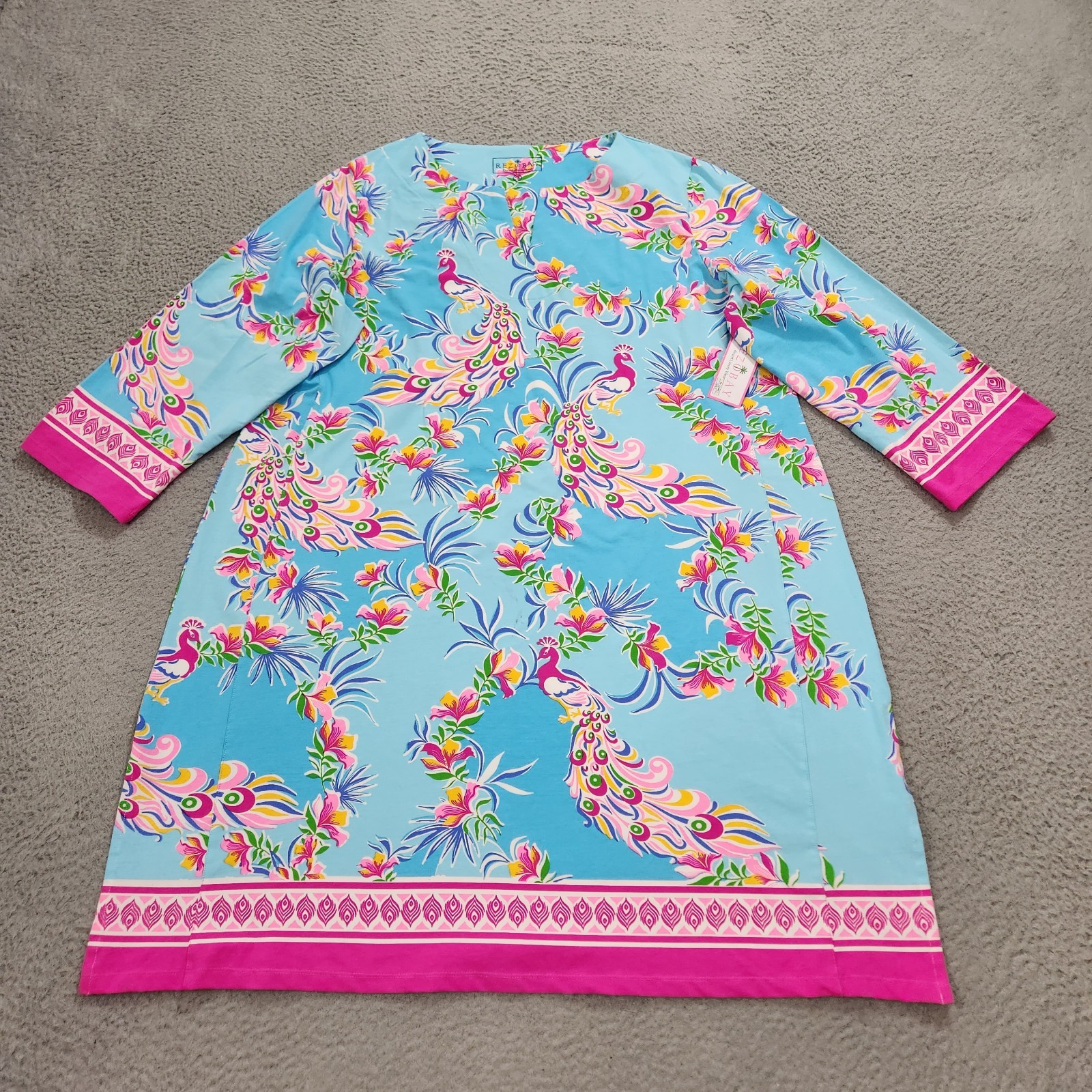 Rezobay Dress Womens 5X Preciosa Print Cotton Knit 3/4 Sleeve Notch Neck Tunic