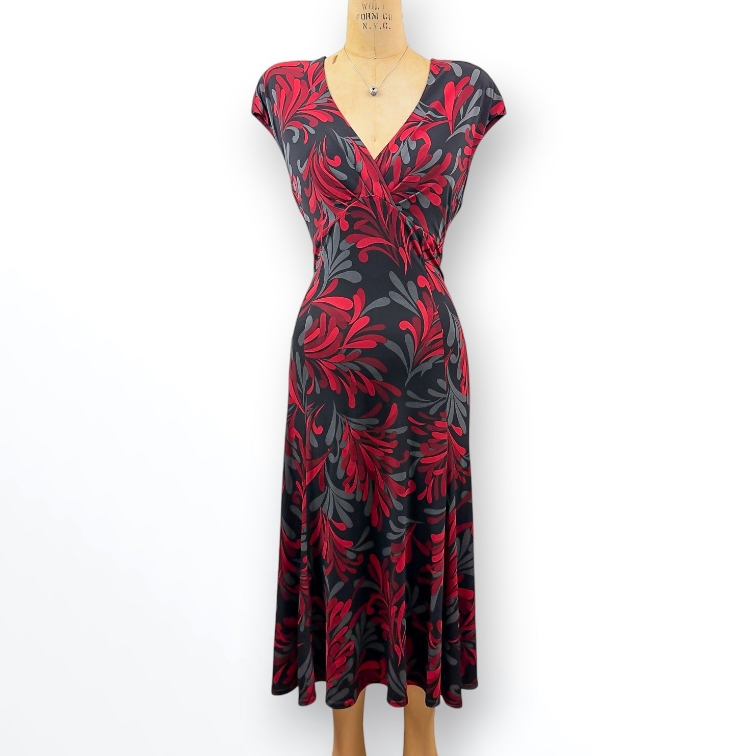 90s Abstract Midi Dress Surplice Neck Shoulder Pads Dark Romantic Maximalist M L