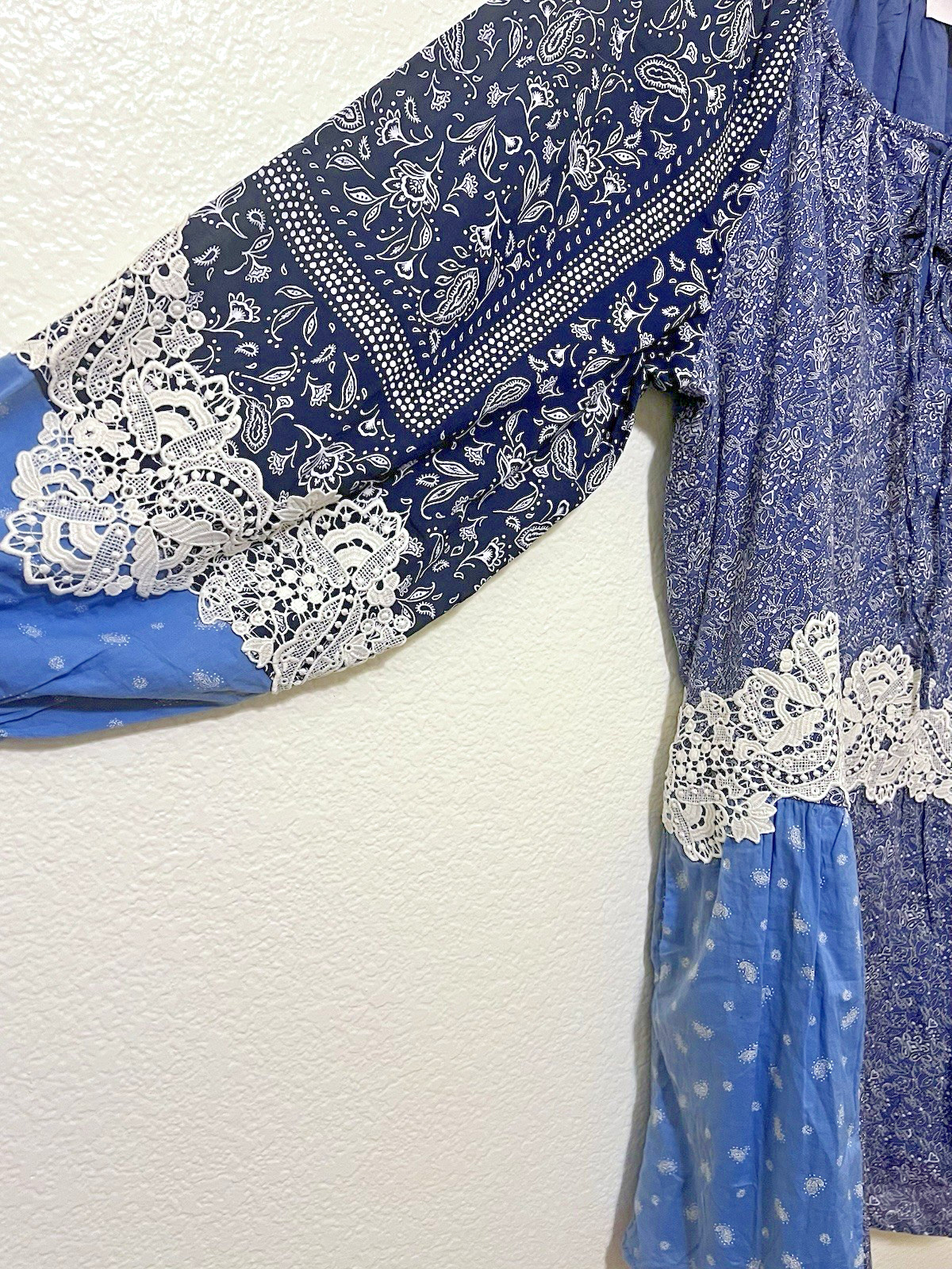 LOFT Precious Sapphire Lace Paisley Tie Mini Pocket Dress Patchwork Boho LP NWT