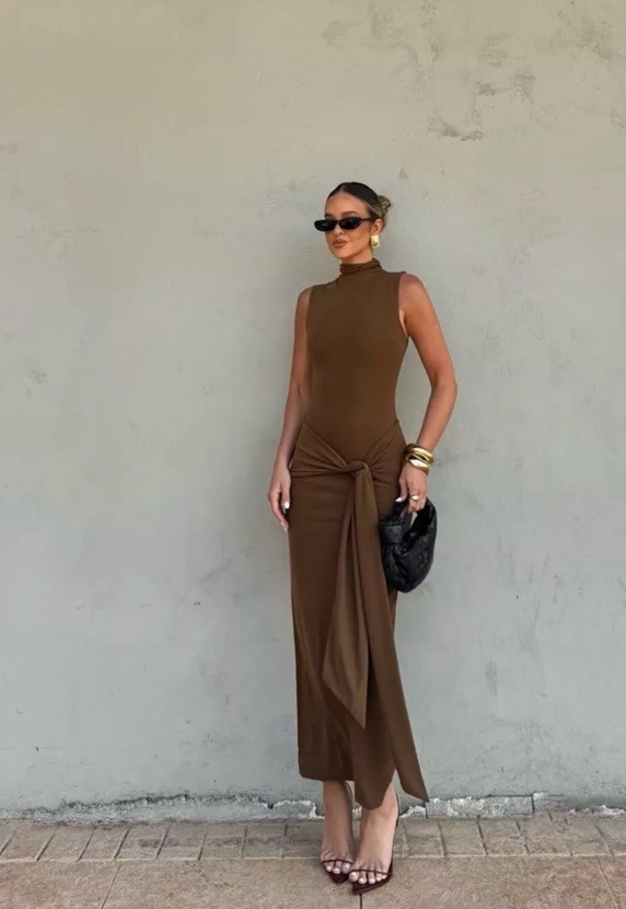 ZARA FW24 WOMAN MIDI DRESS WITH TIED KNOT S,M DARK TAN 3067/253 NWT