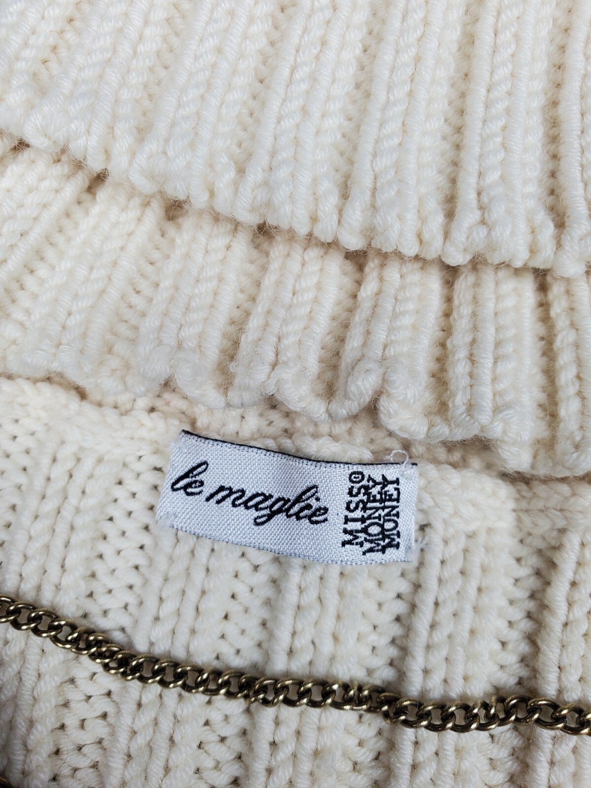 White Cream Cable Knit Turtle/V-neck Chain Thick Bodycon Sweater Dress Size M