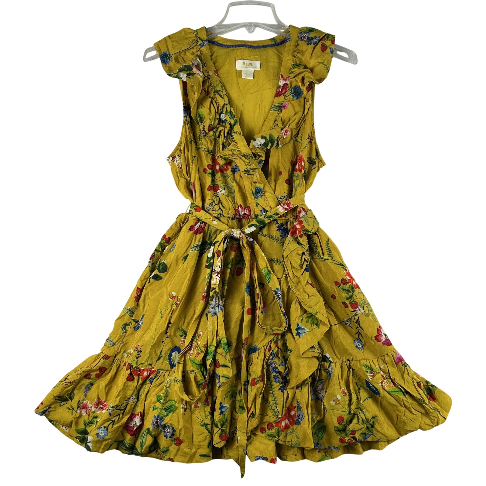 Anthropologie Maeve Dress Womens Small Floral Berry Wrap Ruffle Pockets Yellow