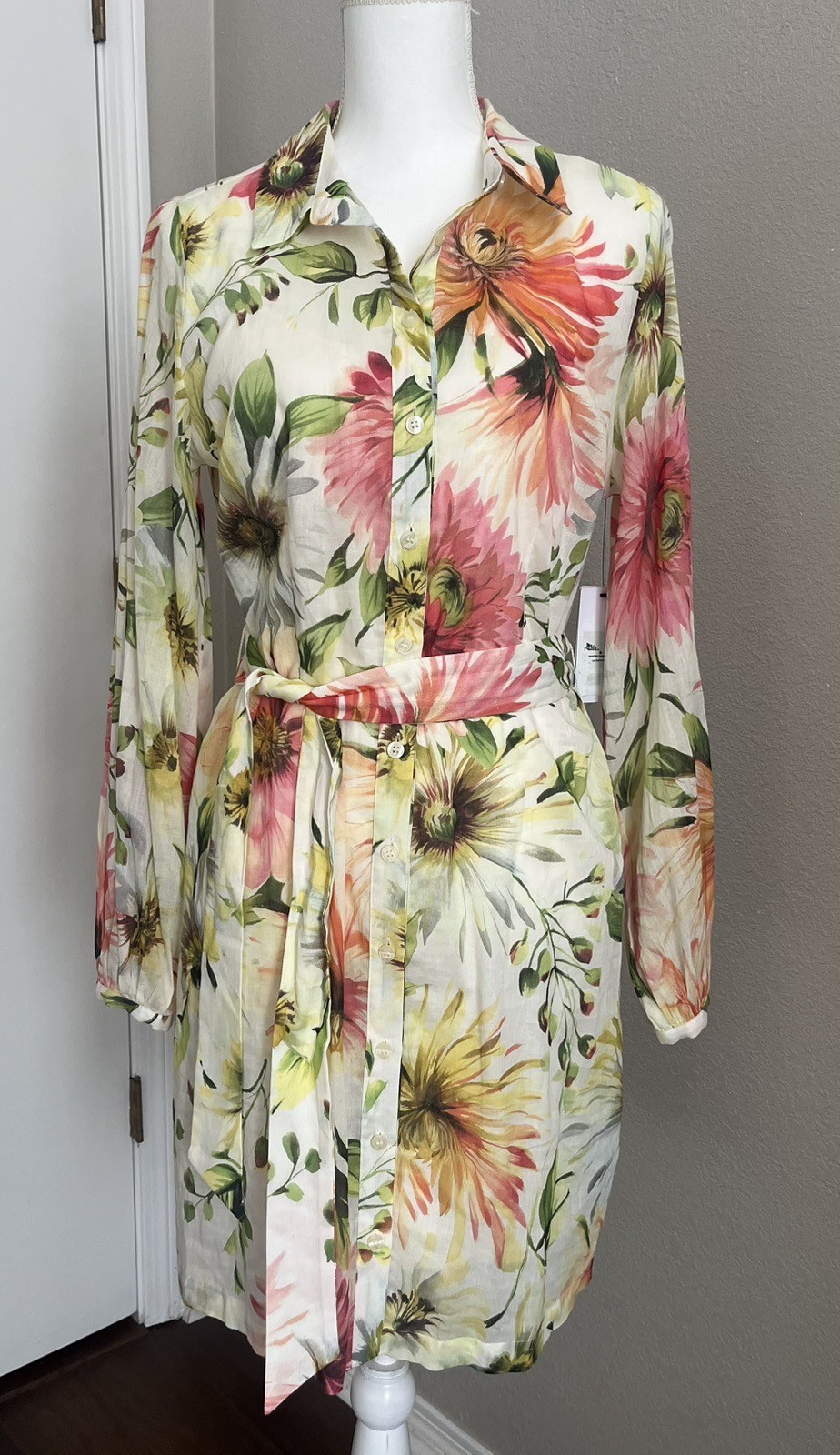 Guess Women’s Belt Floral Long Sleeve Shirt Dress Tie Waist Buttons Size M NEW