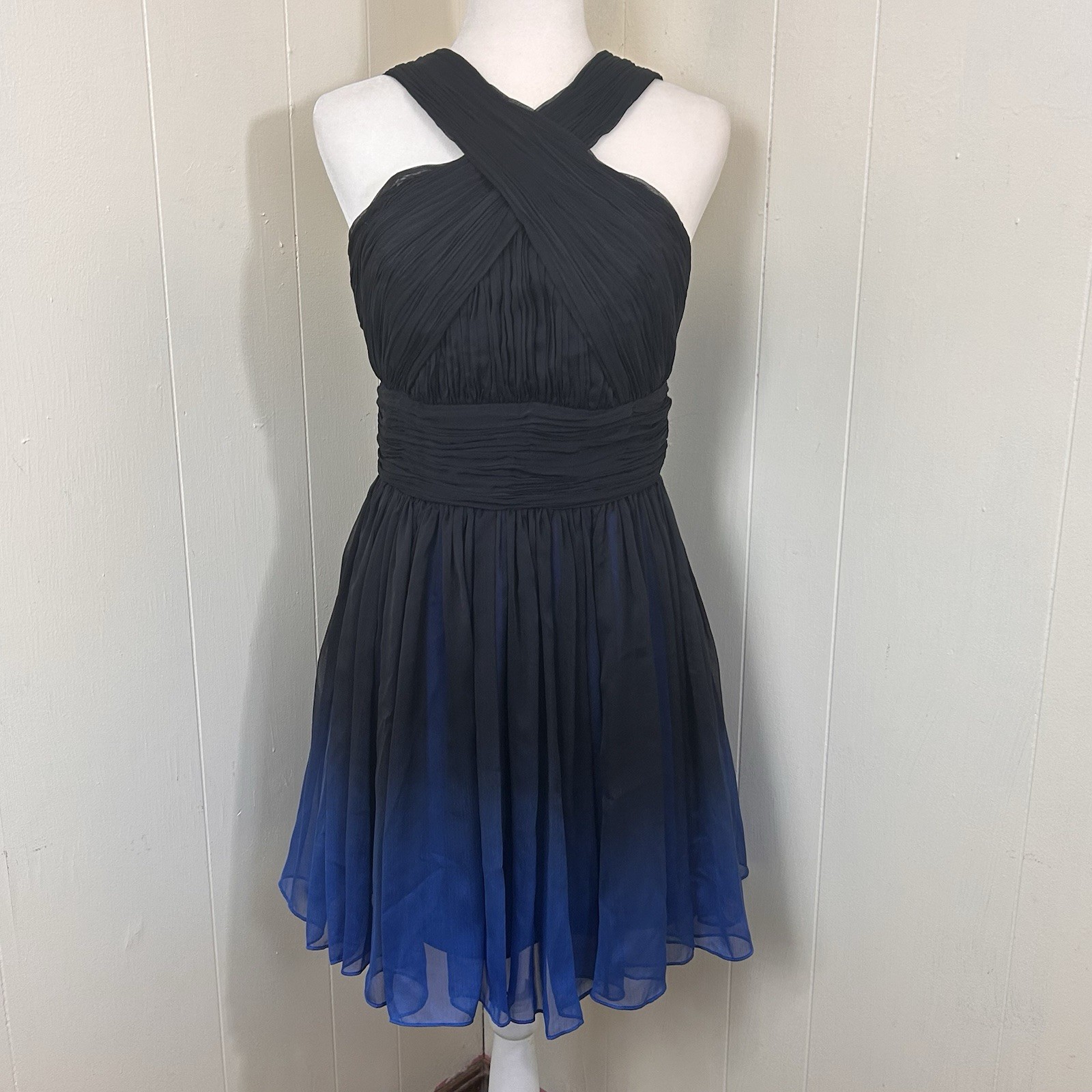 HALSTON Women’s Size 6 Heritage Black/Cobalt Blue Ombre Formal Halter Dress Sz 6