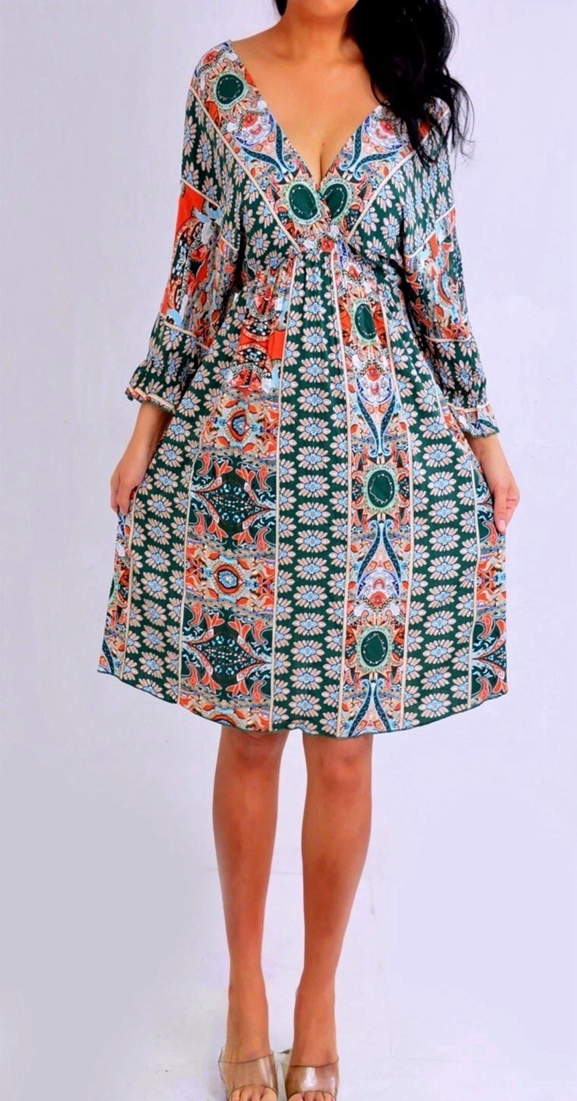 Green Orange Blue Kimono Paisley V Neck Empire Dress Size L Large