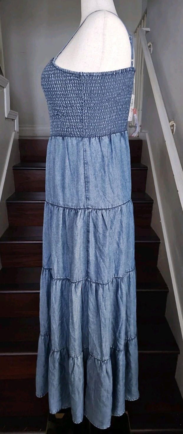Z Supply Balos Washed Chambray Midi Dress L Smocked Spaghetti Strap Cottage NWT
