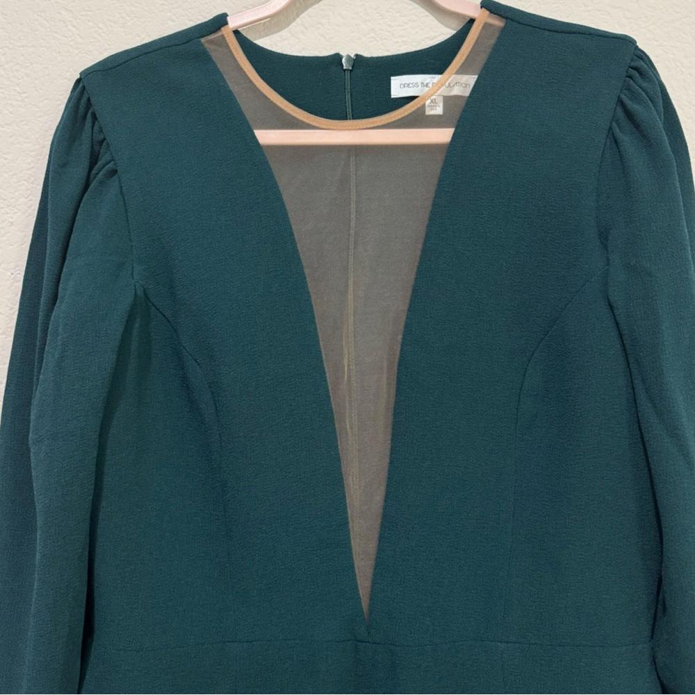 DRESS THE POPULATION KELLI PLUNGING CREPE SHEATH DRESS PUFF LONG SLEEVES GREEN