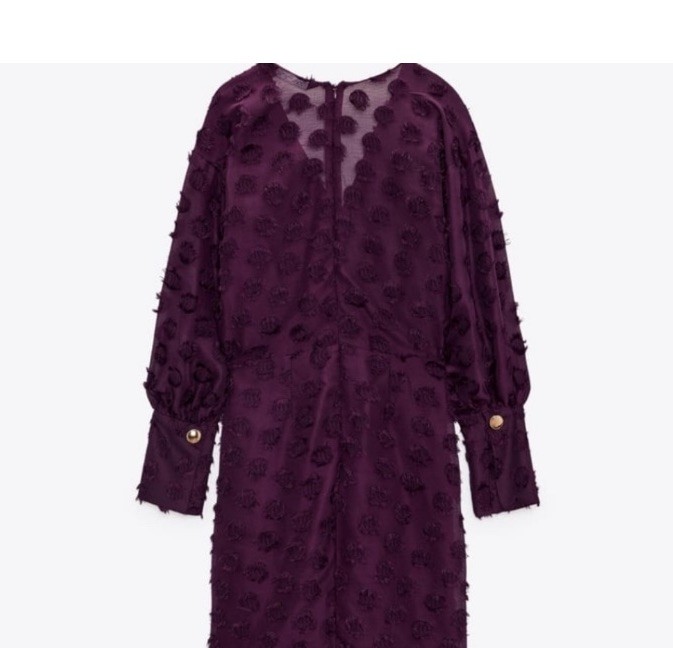 Zara L Maxi DRESS Chiffon Eggplant Purple Polka Dot Flocked v neck Empire waist