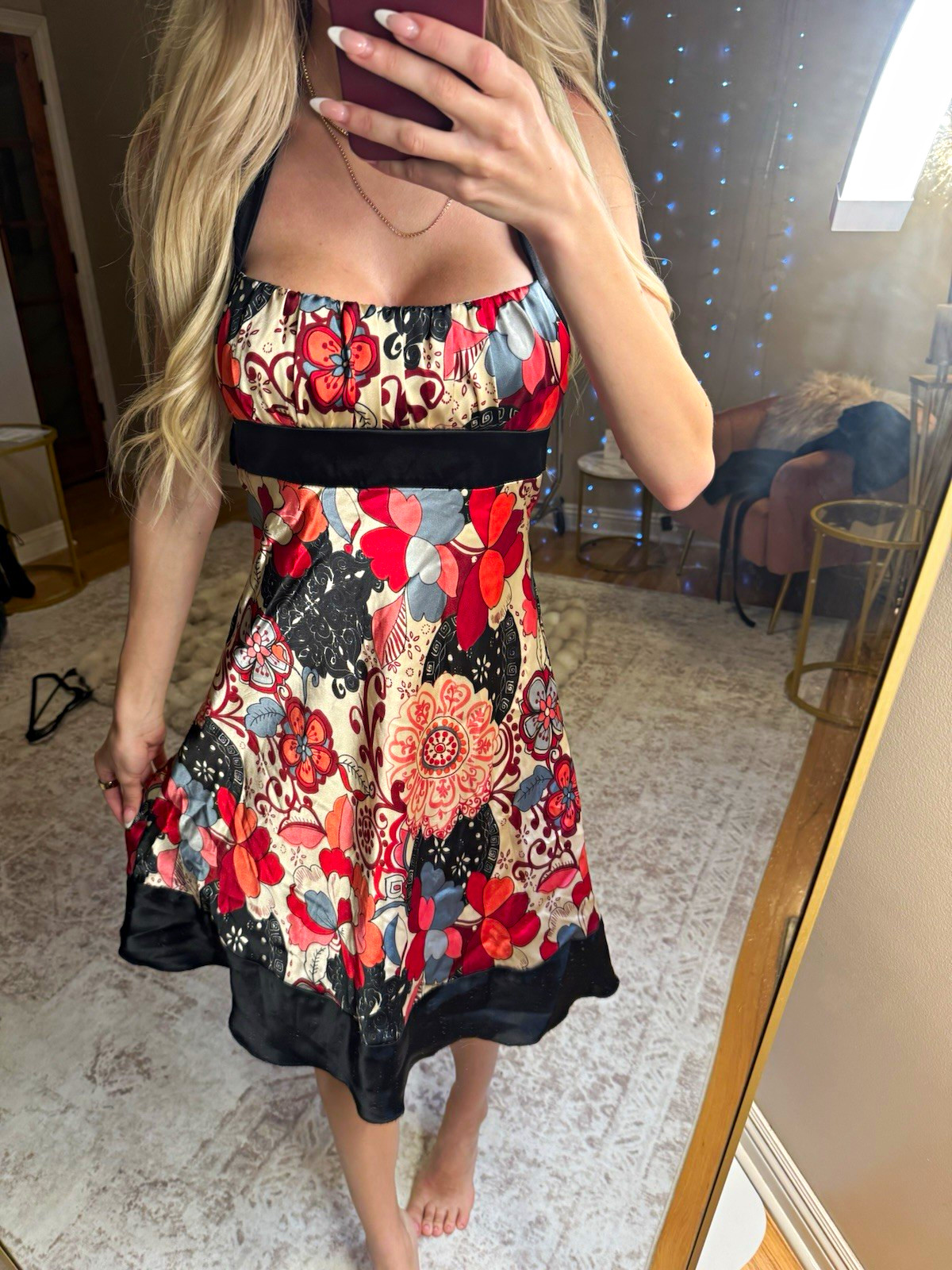 Trixxi Y2K Satin Floral Halter Mini Dress Size 3 Red Black Boho Coquette